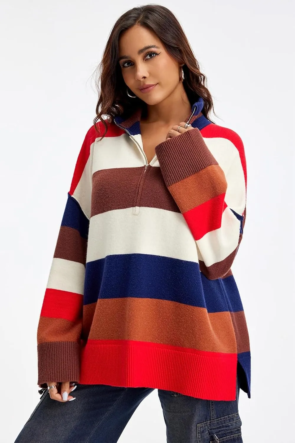 Womens Striped Oversized Sweaters Trendy Quarter Zip Long Sleeve Loose Knit Pullover Fall Color Block Casual Tops