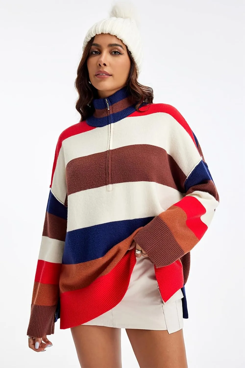 Womens Striped Oversized Sweaters Trendy Quarter Zip Long Sleeve Loose Knit Pullover Fall Color Block Casual Tops