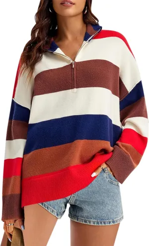Womens Striped Oversized Sweaters Trendy Quarter Zip Long Sleeve Loose Knit Pullover Fall Color Block Casual Tops