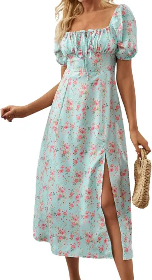 Women's Summer Casual Floral Print Short Sleeve Square Neck Split Maxi Dresses