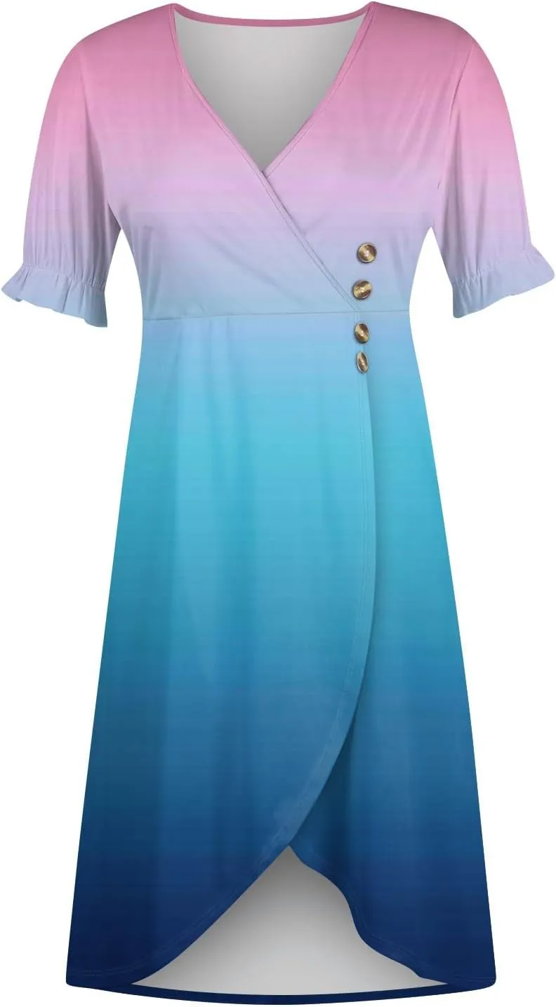 Women's Summer Casual Loose Trendy Short Sleeve V-Neck Floral Printed Solid Sun Beach Vacation Dress, S-3XL