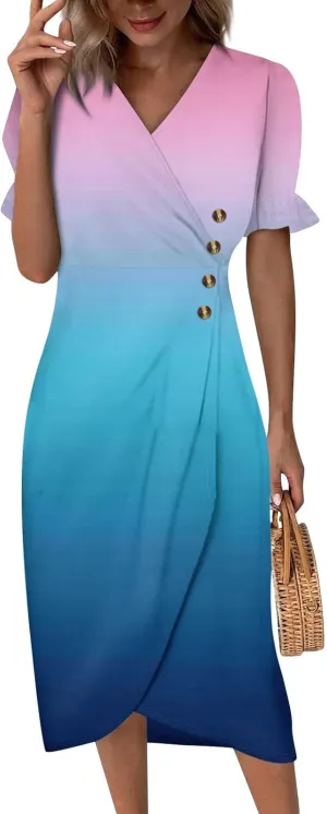 Women's Summer Casual Loose Trendy Short Sleeve V-Neck Floral Printed Solid Sun Beach Vacation Dress, S-3XL