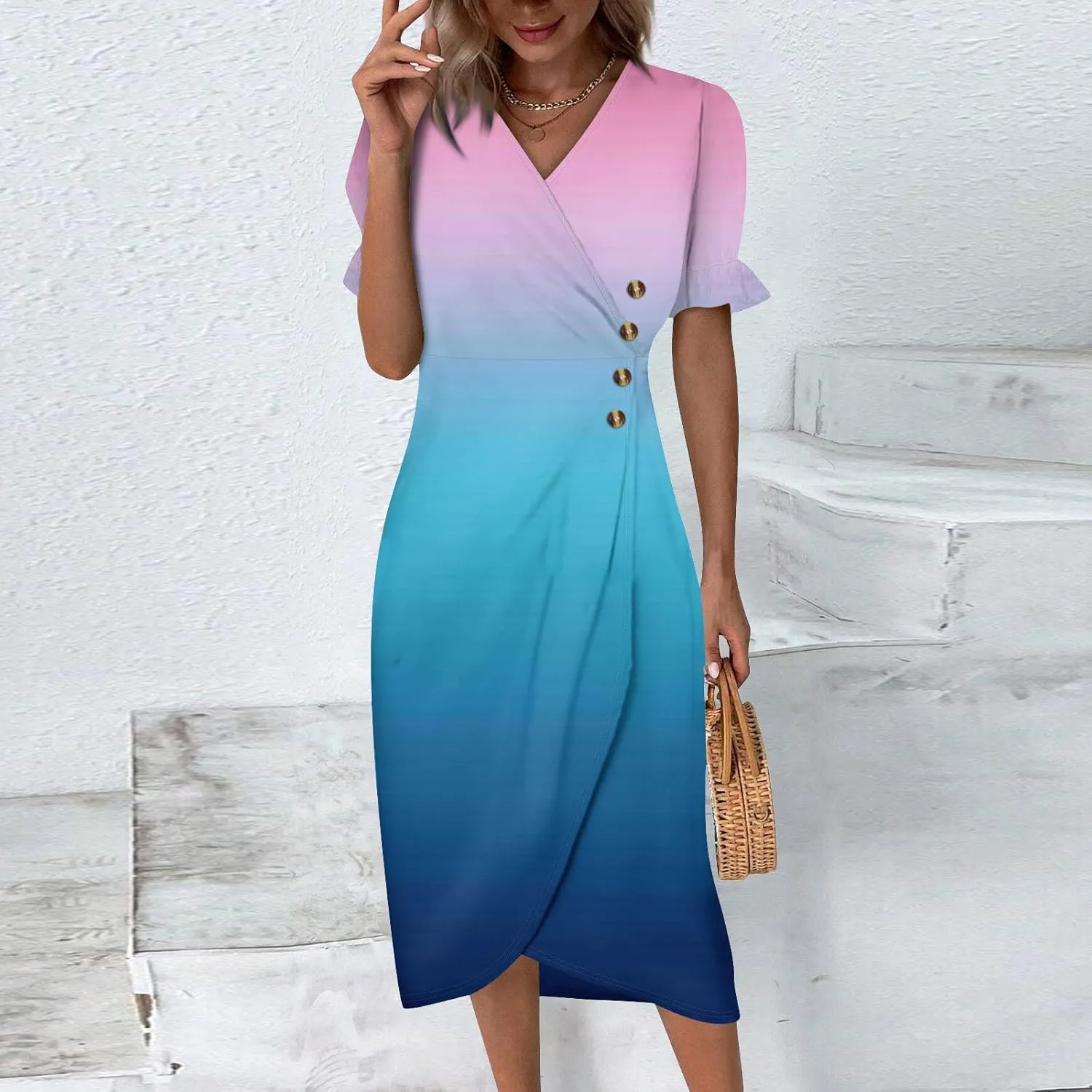 Women's Summer Casual Loose Trendy Short Sleeve V-Neck Floral Printed Solid Sun Beach Vacation Dress, S-3XL