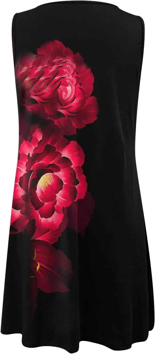 Women's Summer Dress Casual Sundresses Sleeveless Crew Neck Mini Short Dress Printed A-Line Boho Beach Dresses