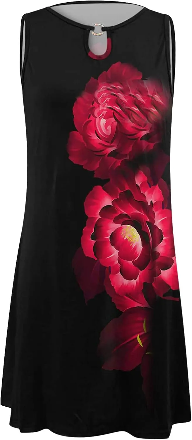 Women's Summer Dress Casual Sundresses Sleeveless Crew Neck Mini Short Dress Printed A-Line Boho Beach Dresses