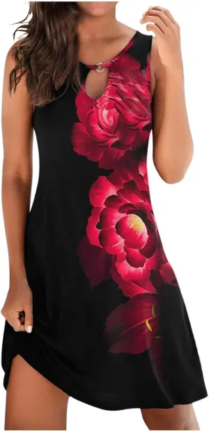 Women's Summer Dress Casual Sundresses Sleeveless Crew Neck Mini Short Dress Printed A-Line Boho Beach Dresses