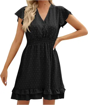 Womens Summer Dresses 2024 Trendy Wrap V-Neck Ruffle Sleeve Mini Dress Solid Knee Length Swiss Dot Casual Dress