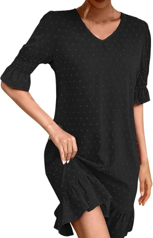 Womens Summer Dresses 2025 Casual Loose Fit Ruffled Hem Beach Dress Trendy Swiss Dots Short Sleeve V Neck Mini Dress