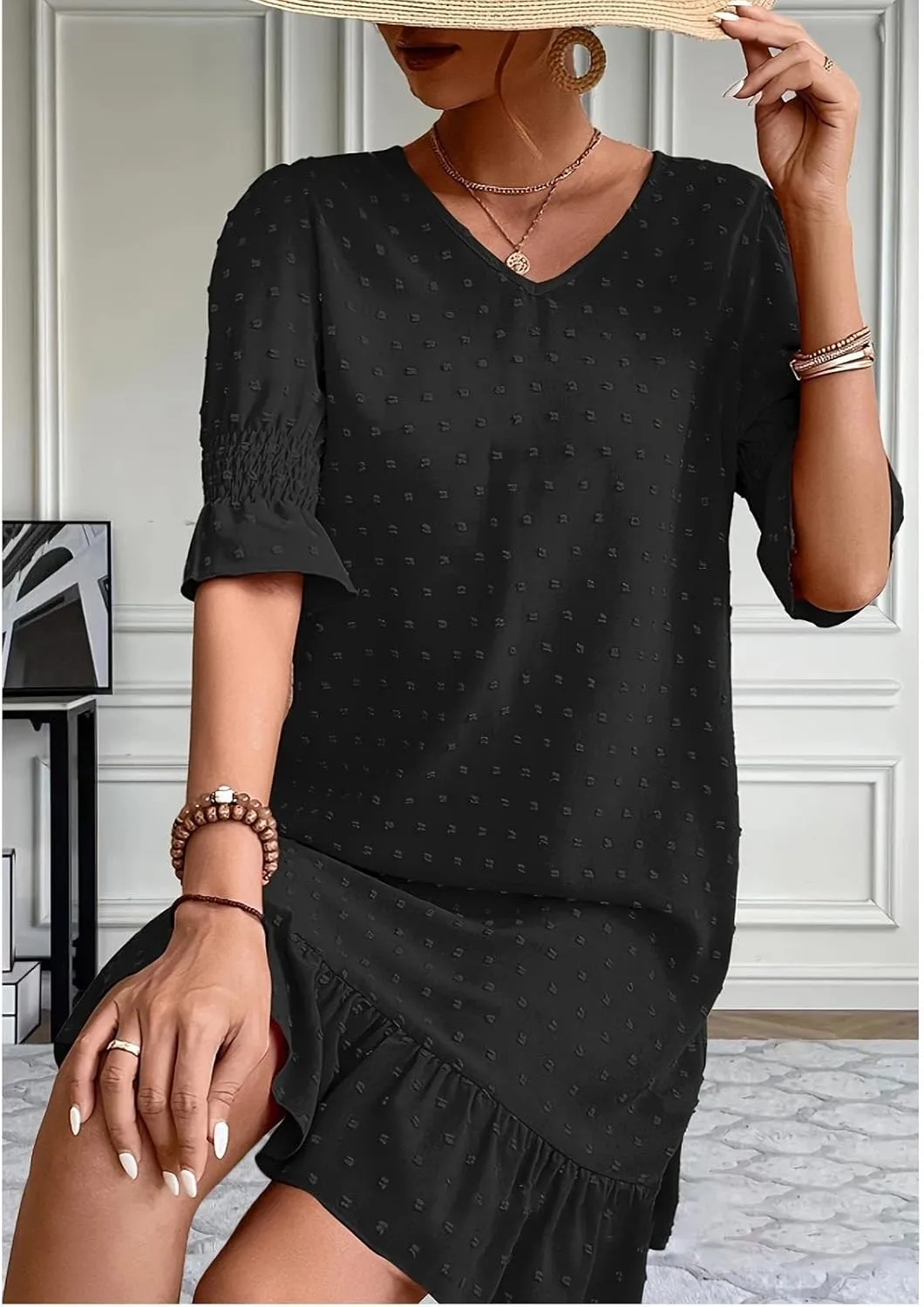 Womens Summer Dresses 2025 Casual Loose Fit Ruffled Hem Beach Dress Trendy Swiss Dots Short Sleeve V Neck Mini Dress