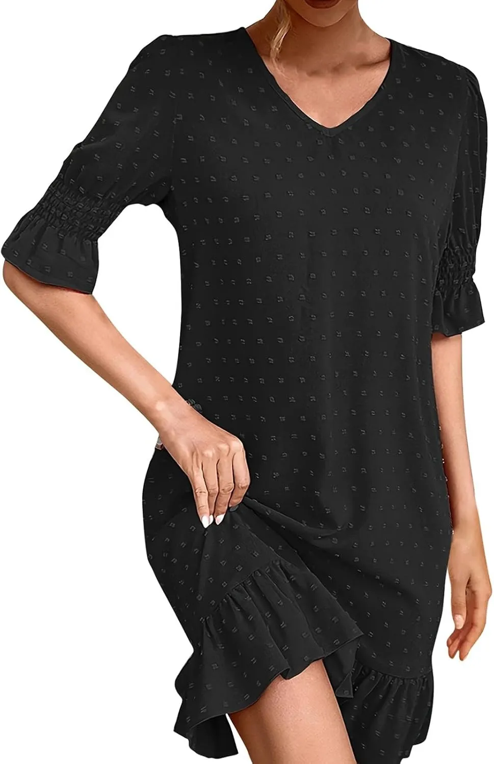 Womens Summer Dresses 2025 Casual Loose Fit Ruffled Hem Beach Dress Trendy Swiss Dots Short Sleeve V Neck Mini Dress