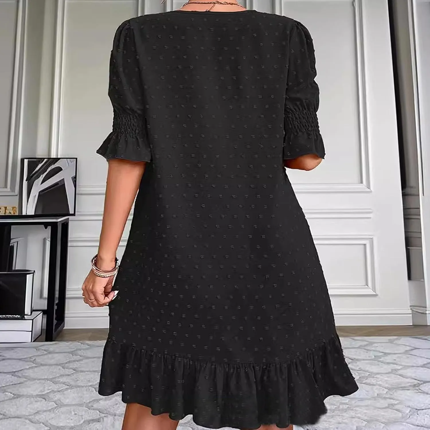 Womens Summer Dresses 2025 Casual Loose Fit Ruffled Hem Beach Dress Trendy Swiss Dots Short Sleeve V Neck Mini Dress