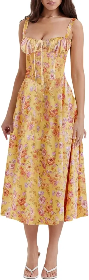 Women's Summer Dresses Beach Casual Sleeveless Floral Print Loose Sundress Hem Split Beach Vacation Party Dresses