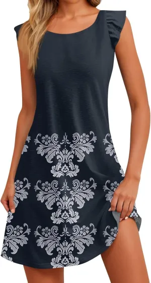 Womens Summer Dresses Casual U Neck Sleeveless a Line Dress Flowy printedTank Dresses Beach Sundresses Mini Dress