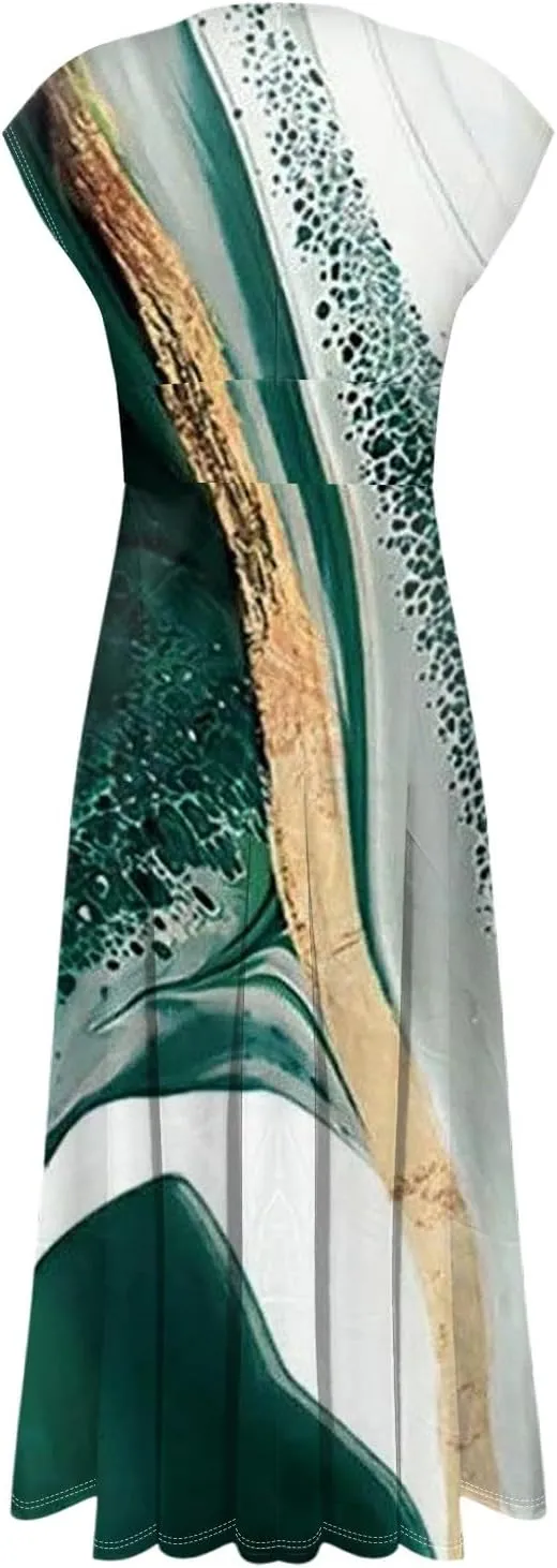 Womens Summer Dresses Flowy Ruched Sleeveless Sundress Floral Print Wrap V Neck Maxi Dress High Waist Boho Dress