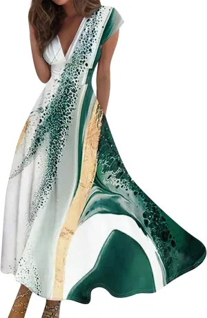 Womens Summer Dresses Flowy Ruched Sleeveless Sundress Floral Print Wrap V Neck Maxi Dress High Waist Boho Dress