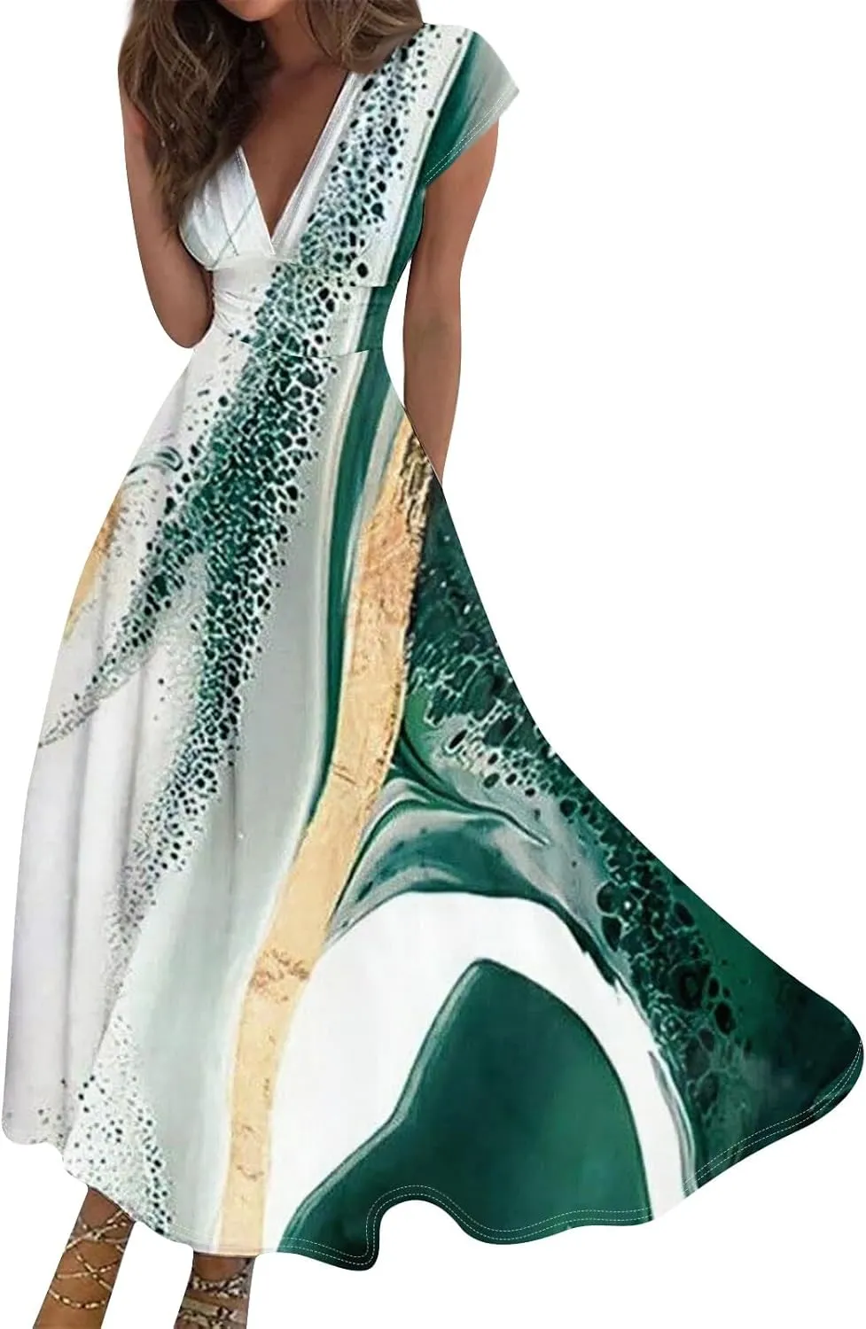 Womens Summer Dresses Flowy Ruched Sleeveless Sundress Floral Print Wrap V Neck Maxi Dress High Waist Boho Dress