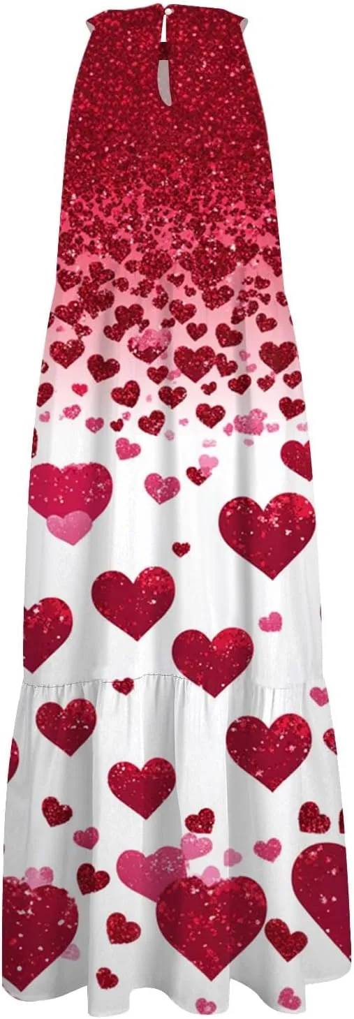 Womens Summer Dresses Hanging Neck Floral Print Midi Dresses Splicing Sleeveless Sundresses Casual Beach Dress