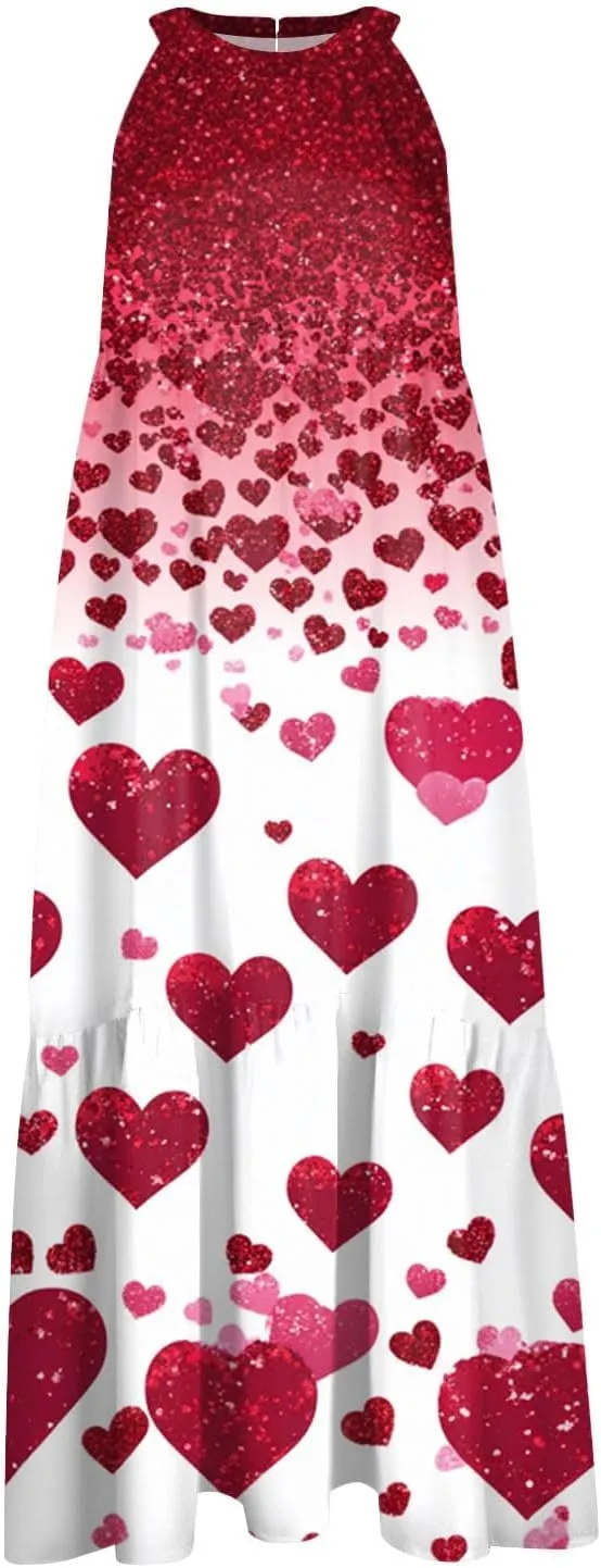 Womens Summer Dresses Hanging Neck Floral Print Midi Dresses Splicing Sleeveless Sundresses Casual Beach Dress