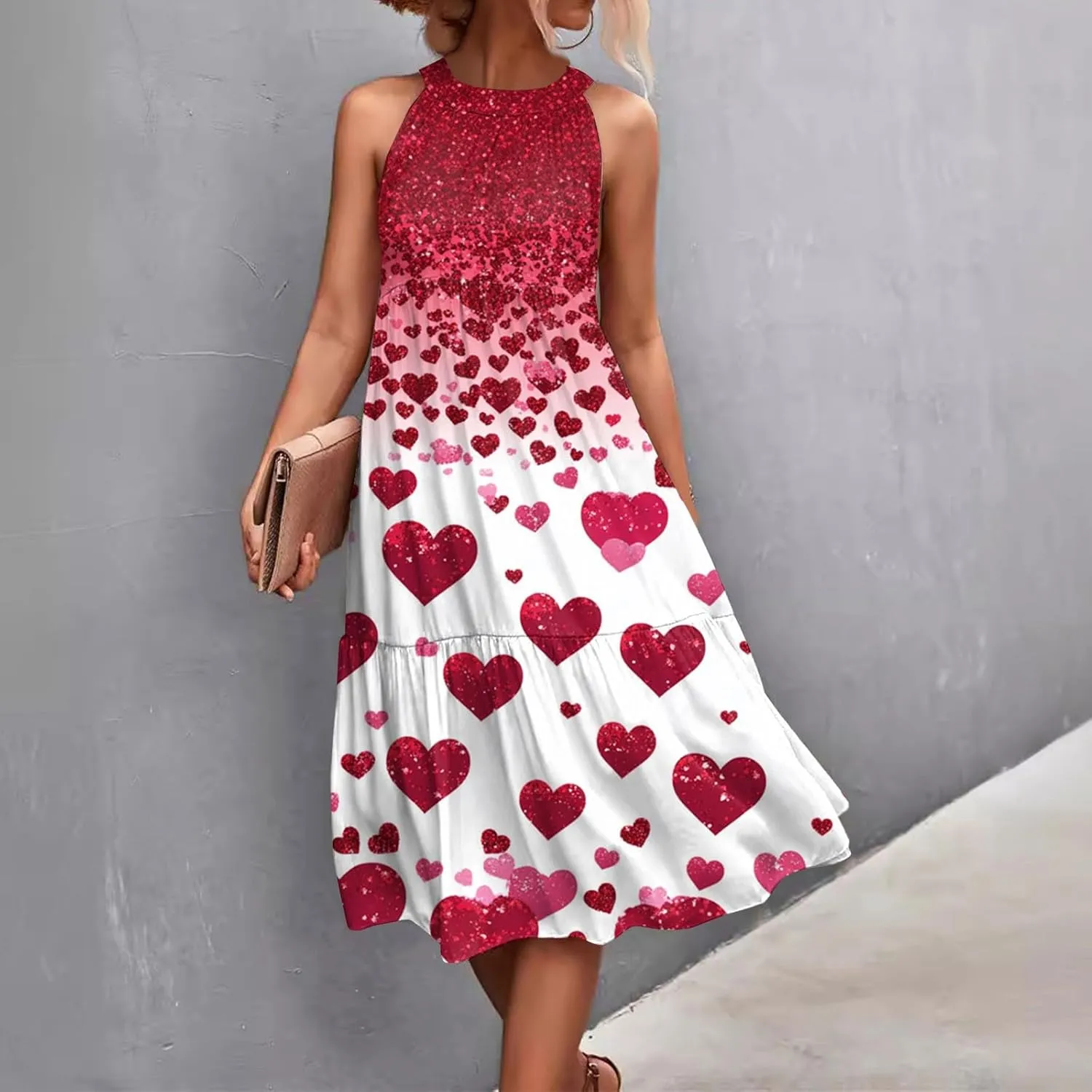 Womens Summer Dresses Hanging Neck Floral Print Midi Dresses Splicing Sleeveless Sundresses Casual Beach Dress