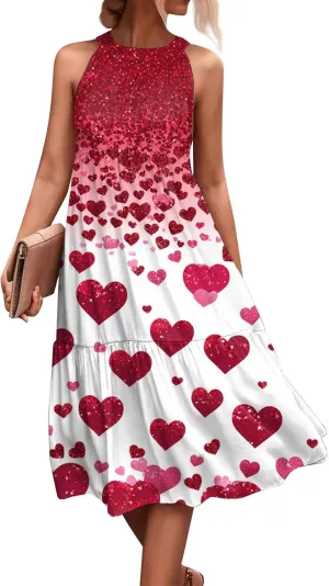 Womens Summer Dresses Hanging Neck Floral Print Midi Dresses Splicing Sleeveless Sundresses Casual Beach Dress