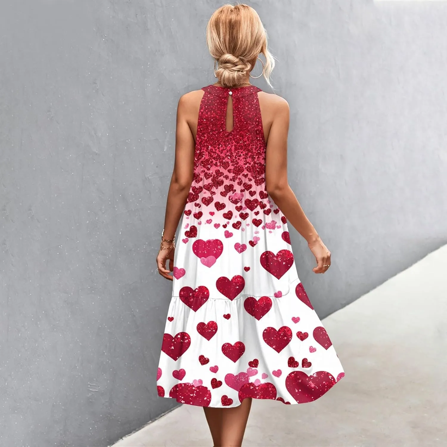 Womens Summer Dresses Hanging Neck Floral Print Midi Dresses Splicing Sleeveless Sundresses Casual Beach Dress