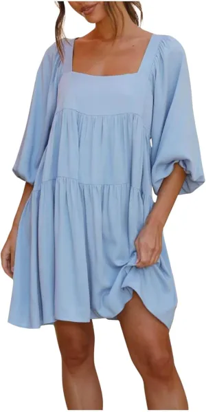 Womens Summer Dresses Long Lantern Sleeve Square Neck Tie Backless Dress Casual Ruffle Tiered Babydoll Mini Dress