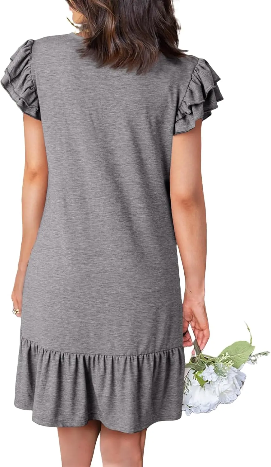 Womens Summer Dresses Ruffle Cap Sleeve Mini Dress Loose Pleated V Neck A-Line Swing Tshirt Dress Sundress