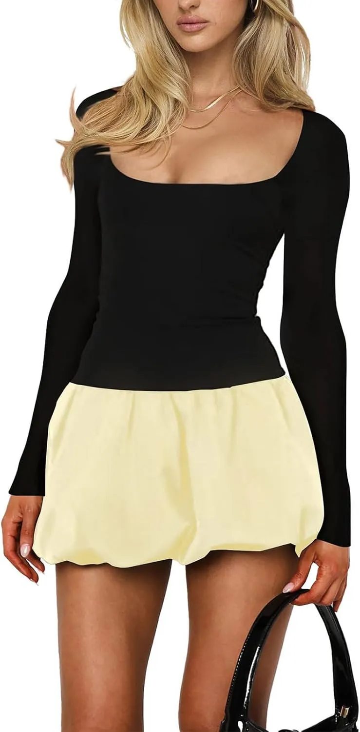 Womens Summer Dresses Sexy Bubble Mini Dress Square Neck Long Sleeve Color Block Skirts Slim Fit Party Dresses