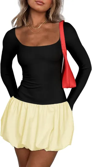 Womens Summer Dresses Sexy Bubble Mini Dress Square Neck Long Sleeve Color Block Skirts Slim Fit Party Dresses