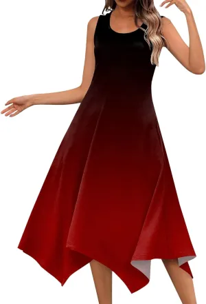 Womens Summer Dresses Summer Flowy Casual Midi Tank Dresses Beach Hankerchief Hem Sleeveless Dress Floral Sundresses