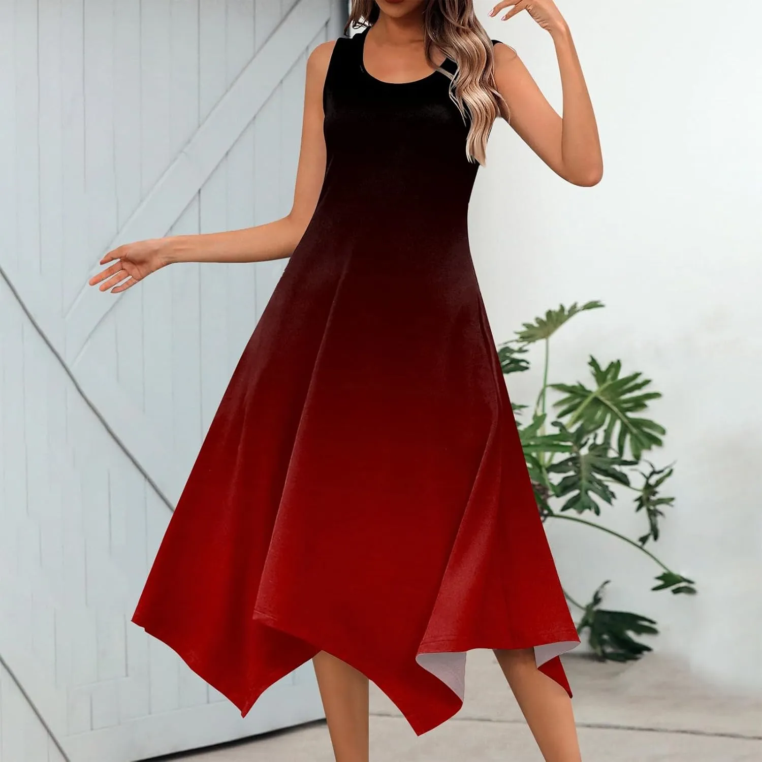 Womens Summer Dresses Summer Flowy Casual Midi Tank Dresses Beach Hankerchief Hem Sleeveless Dress Floral Sundresses