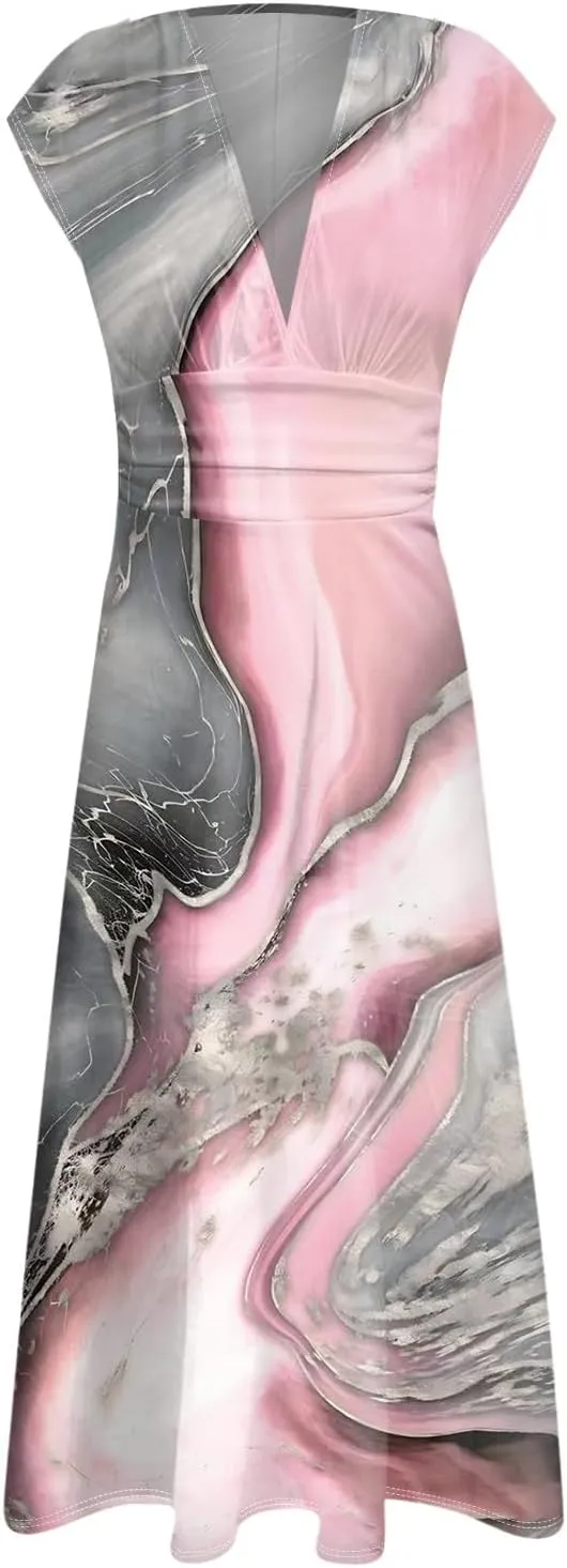 Womens Summer Dresses Wrap V Neck Floral Print Boho Dress Flowy Ruched Sleeveless Maxi Dress High Waist Sundress
