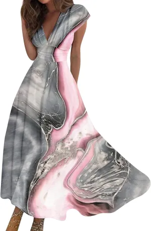 Womens Summer Dresses Wrap V Neck Floral Print Boho Dress Flowy Ruched Sleeveless Maxi Dress High Waist Sundress