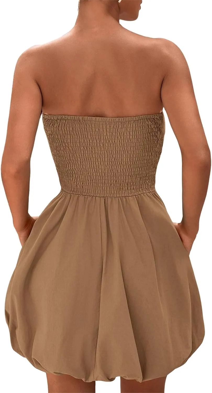 Women's Summer Mini Dress Sexy Strapless Tube Dress Sleeveless Backless Tiered Layered Ruffle Hem A-Line Short Dresses