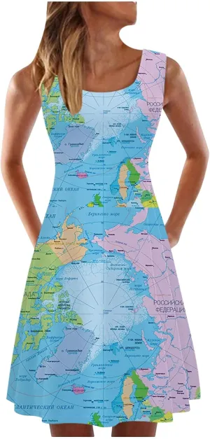 Womens Summer T Shirt Dresses Sleeveless World Map Print Scoop Neck Tank Dress A Line Ruched Racerback Midi Dresses