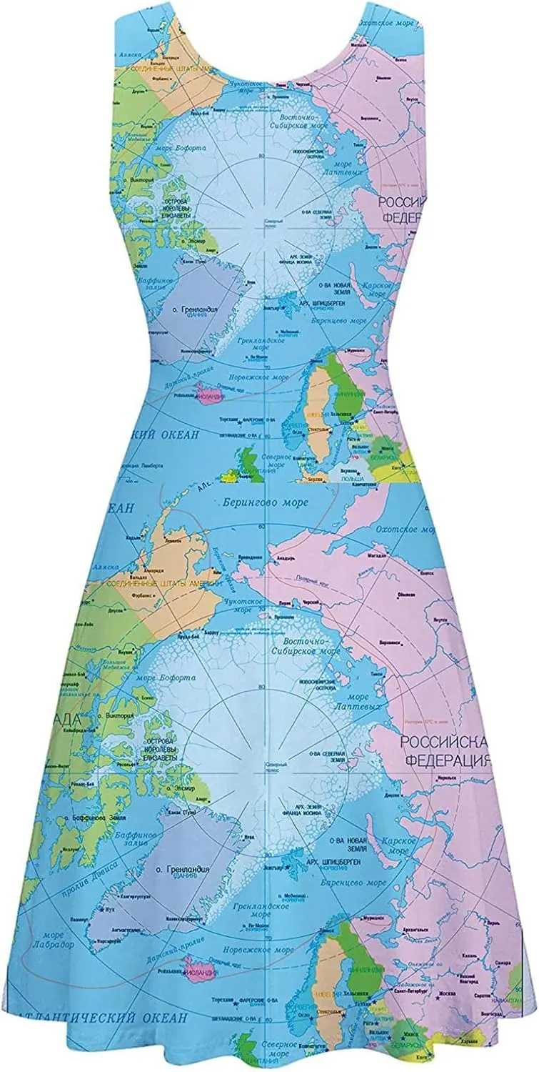 Womens Summer T Shirt Dresses Sleeveless World Map Print Scoop Neck Tank Dress A Line Ruched Racerback Midi Dresses