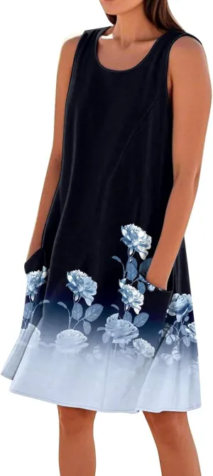 Womens Summer Tank Dress Plus Size Loose Fit Sleeveless Dresses Casual Flowy Midi Pockets Vacation Sundresses
