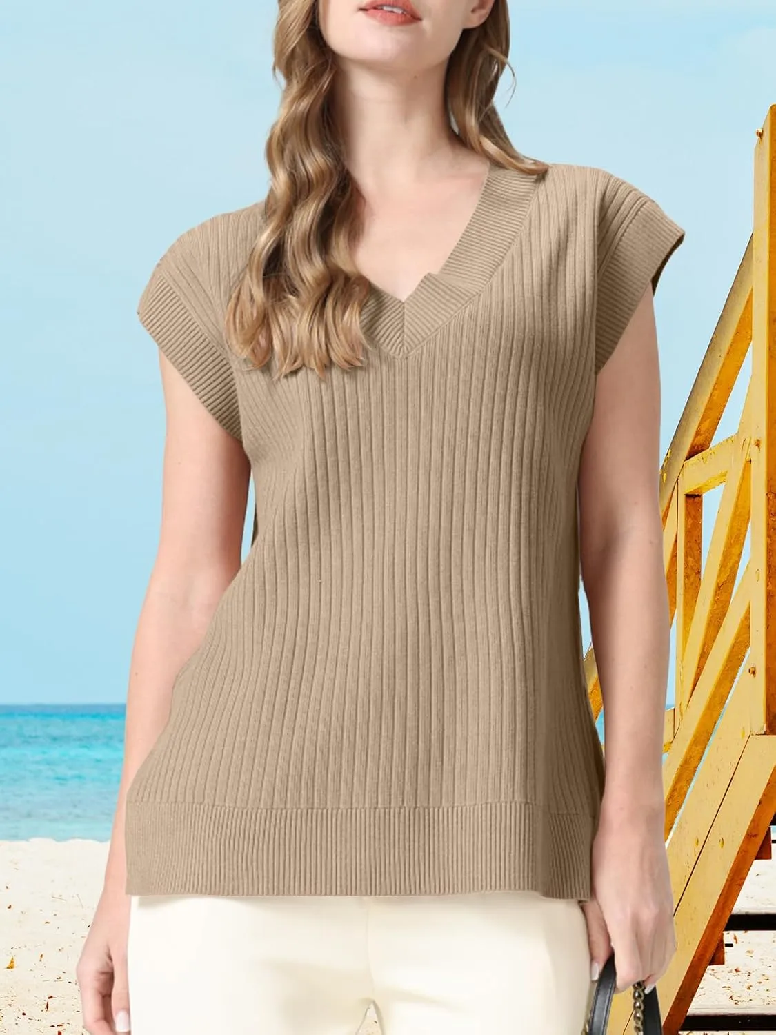 Womens Summer Tops 2025 Spring Sweater Vest Tank Top V Neck Ribbed Short Cap Sleeve Loose Fit Side Slit Trendy Casual Outfits