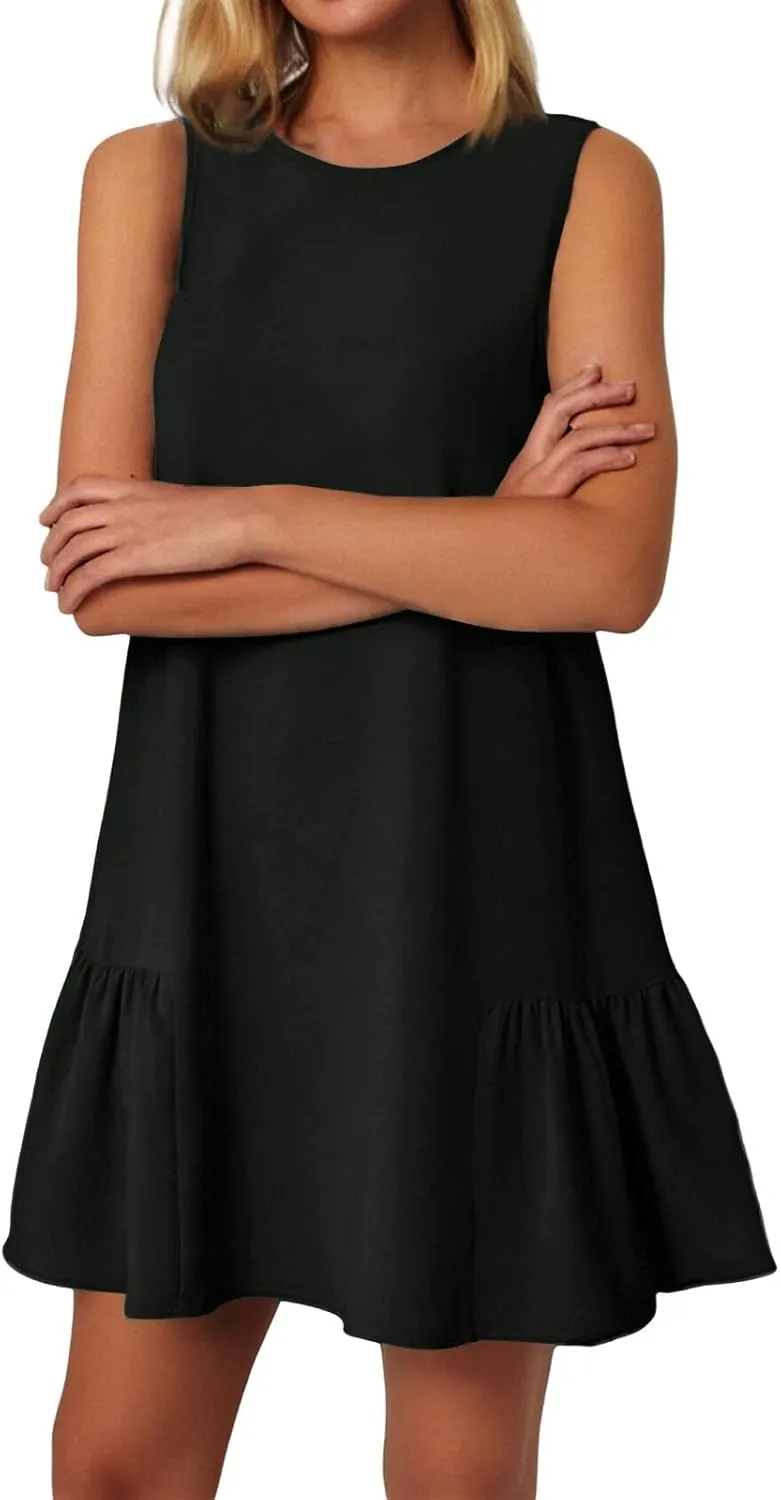 Womens Sundress-2025 Summer Modest Sleeveless Mini Ruffle Dress with Pocket