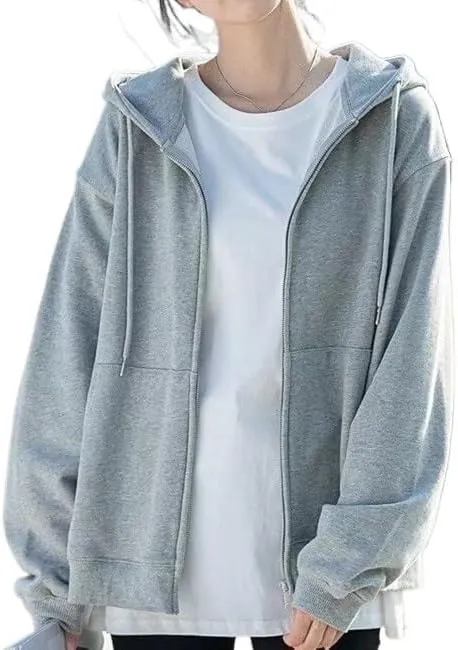 Womens Sweatshirt Hoodie Oversize Hooded Cardigan Gray Clothes Solid Zip Up Hoodies Spring Tops Long Sleeves