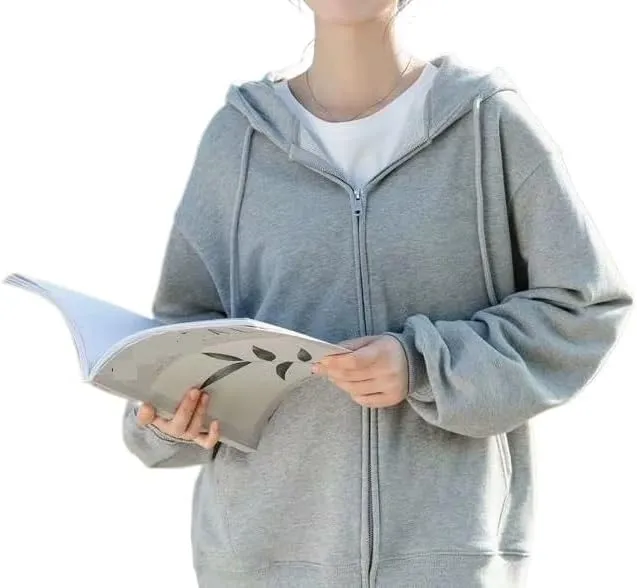 Womens Sweatshirt Hoodie Oversize Hooded Cardigan Gray Clothes Solid Zip Up Hoodies Spring Tops Long Sleeves