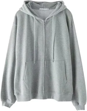 Womens Sweatshirt Hoodie Oversize Hooded Cardigan Gray Clothes Solid Zip Up Hoodies Spring Tops Long Sleeves