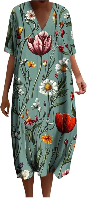 Women's Trendy Cotton Linen Midi Dresses with Pockets V Neck Summer Loose Short Sleeve A-Line Casual Plus Size Dress