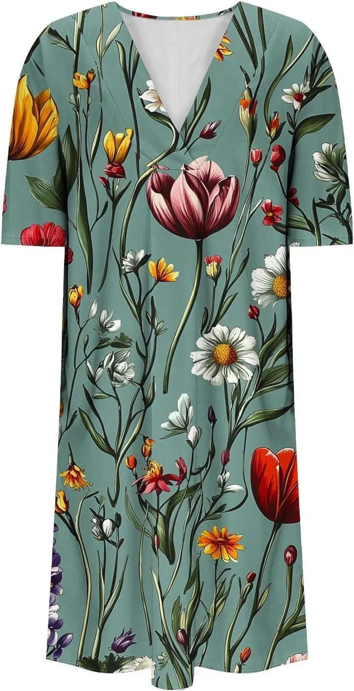 Women's Trendy Cotton Linen Midi Dresses with Pockets V Neck Summer Loose Short Sleeve A-Line Casual Plus Size Dress