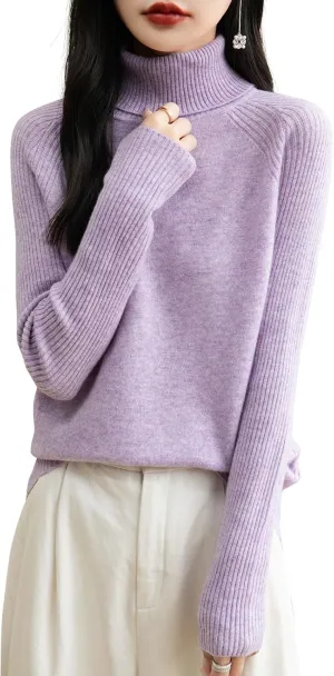 Women's Turtleneck 100% Merino Wool Sweater 2025 Fall Winter Classic Warm Soft Raglan Long Sleeve Knit Sweater