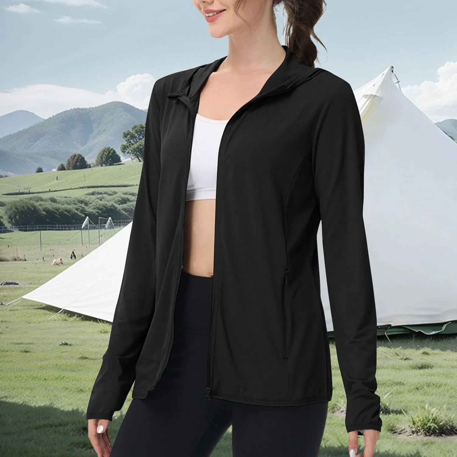 Womens Upf 50  Sun Protection Hoodie Jacket Summer Full Zip Slim Rash Guard Casual Long Sleeve Sun Shirt with Pocket