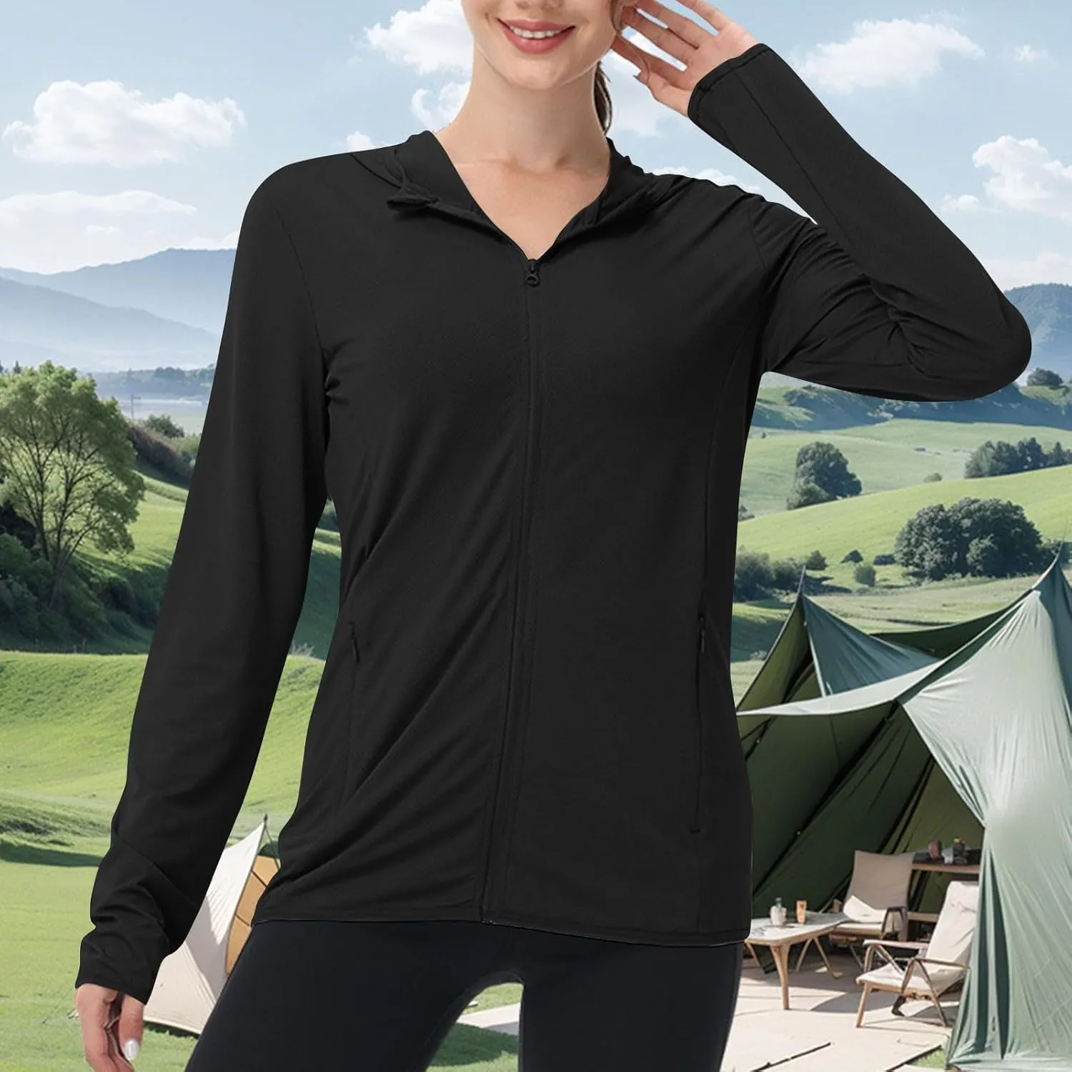 Womens Upf 50  Sun Protection Hoodie Jacket Summer Full Zip Slim Rash Guard Casual Long Sleeve Sun Shirt with Pocket