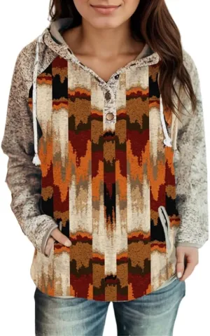 Women's Vintage Aztec Print Long Sleeve Hoodie with Pockets Casual Loose Oversized Half Button Western Sweatshirt