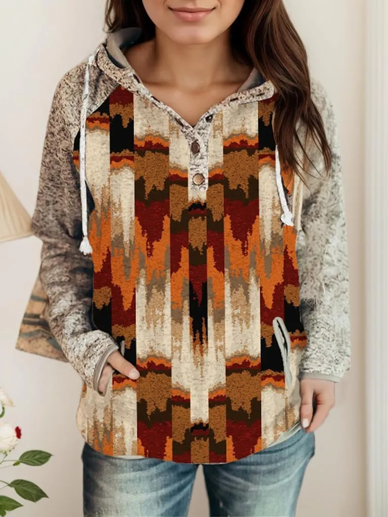 Women's Vintage Aztec Print Long Sleeve Hoodie with Pockets Casual Loose Oversized Half Button Western Sweatshirt