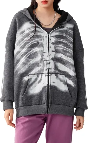 Womens Vintage Skeleton Hoodies Long Sleeve Zip Up Skeleton Print Oversized Sweatshirts Halloween Streetwear Tops